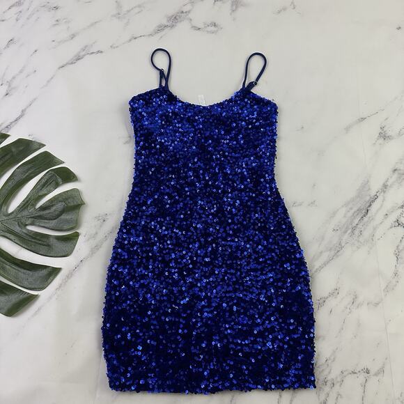 Lucy in the Sky Womens Sequin Mini Dress Size S Bright Blue Sparkle Party Short - Picture 1 of 10